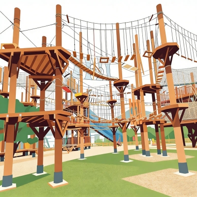 户外汽车房车露营地原木立柱团建绳网阵高空丛林穿越网阵设计建设